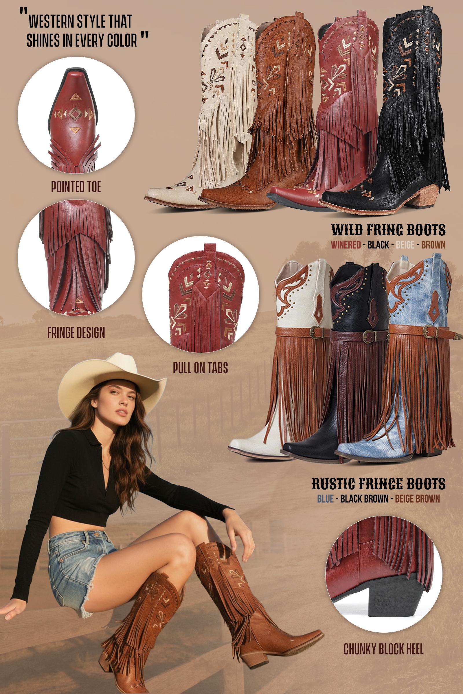 CELNEPHO Women Cowboy Boots Western Fringe Pointed Toe Classic Tassel Embroidered Chunky Block Heel Retro Easy Pull on Mid Calf Boots Gifts Spring Festival Dress Shoes