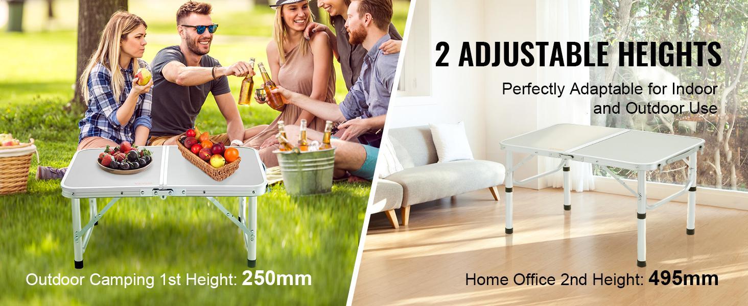 VEVOR Folding Camping Table, Adjustable Height Outdoor Portable Side Tables, Lightweight Fold Up Table, Aluminum & MDF Ultra Compact Work Table, For Cooking, Beach, Picnic, Travel, 24x16 inch, Silver