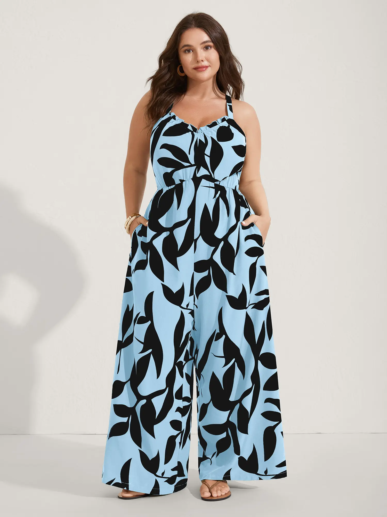 BloomChic Plus Size Wide Leg Jumpsuit for Women [M-6X] - Boho Geometric Print Sleeveless V Neck Romper with Pockets, Flattering Casual Summer Vacation Outfit