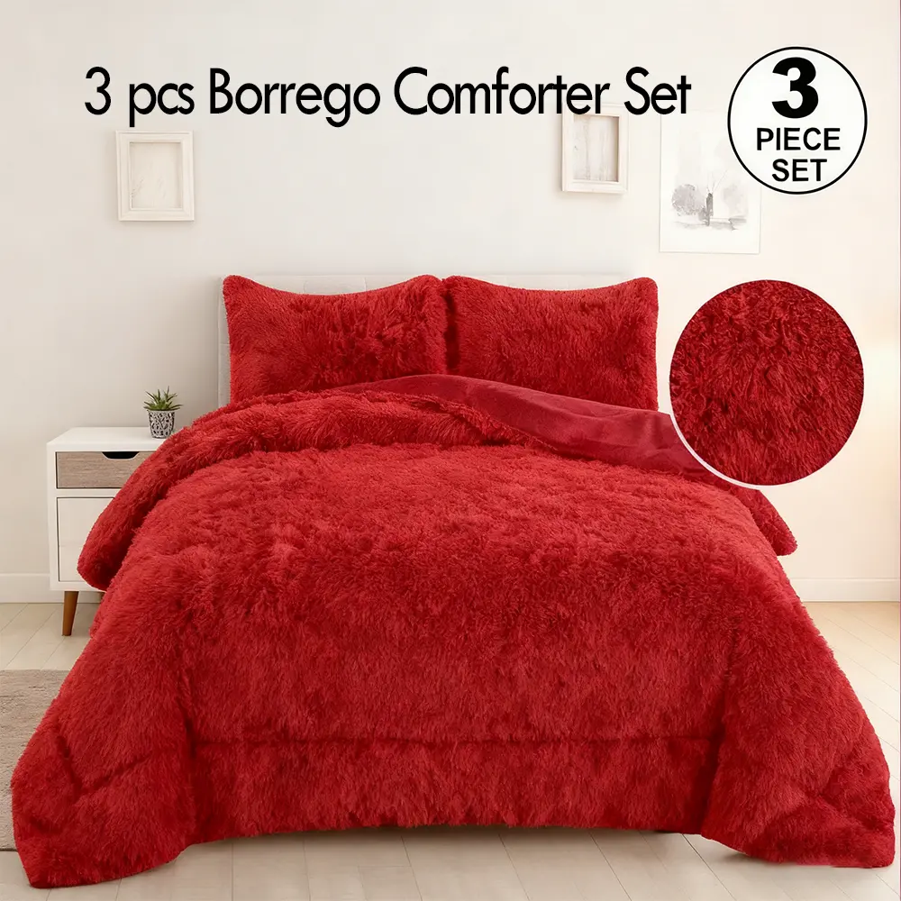 3pc Solid Color Shaggy Comforter Set - Luxury PV Faux Fur, Velvet Back Luxe, Soft Minky Fleece, Reversible Warm Winter Quilt, Cozy Aesthetic, Matched Pillow Set, Modern Marble Room Decor, Christmas Gift, Queen/King/California Sizes, Local Warehouse, Long