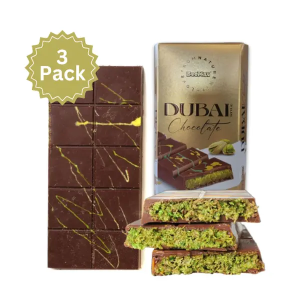 Dubai-Style Chocolate Bar 3 pack | 7 oz of Authentic Luxurious Middle Eastern Indulgence | Premium Milk Chocolate, Golden Kadayif Crisps, Velvety Tahini & Hand-Harvested Pistachios – Imported from Turkey - Now Ships with Ice Pack