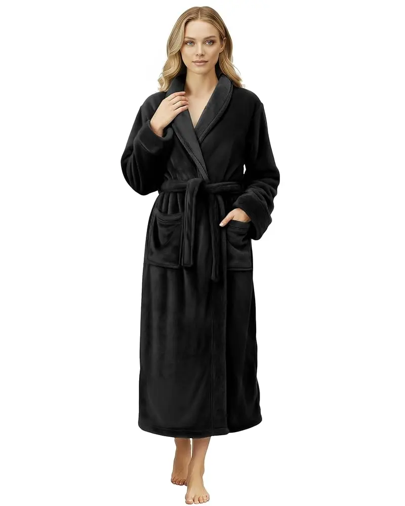 NY Threads Women's Soft Fluffy Fleece Shawl Collar Long-Sleeve Bathrobe with Pockets, Adjustable Belt, Fit Plush Loungewear Gown