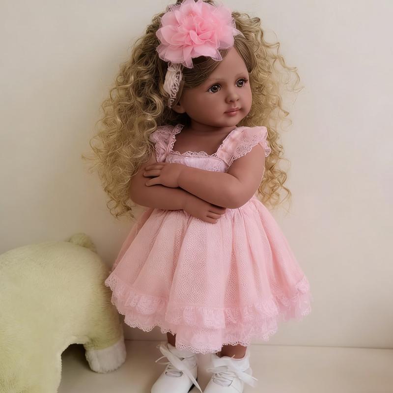22 Inch Lifelike Dark Brown Skin African American Reborn Baby Dolls with Pink Dress Curly Hair Realistic Newborn Silicone Doll for Kids Women Xmas Birthday Gifts Durable Features