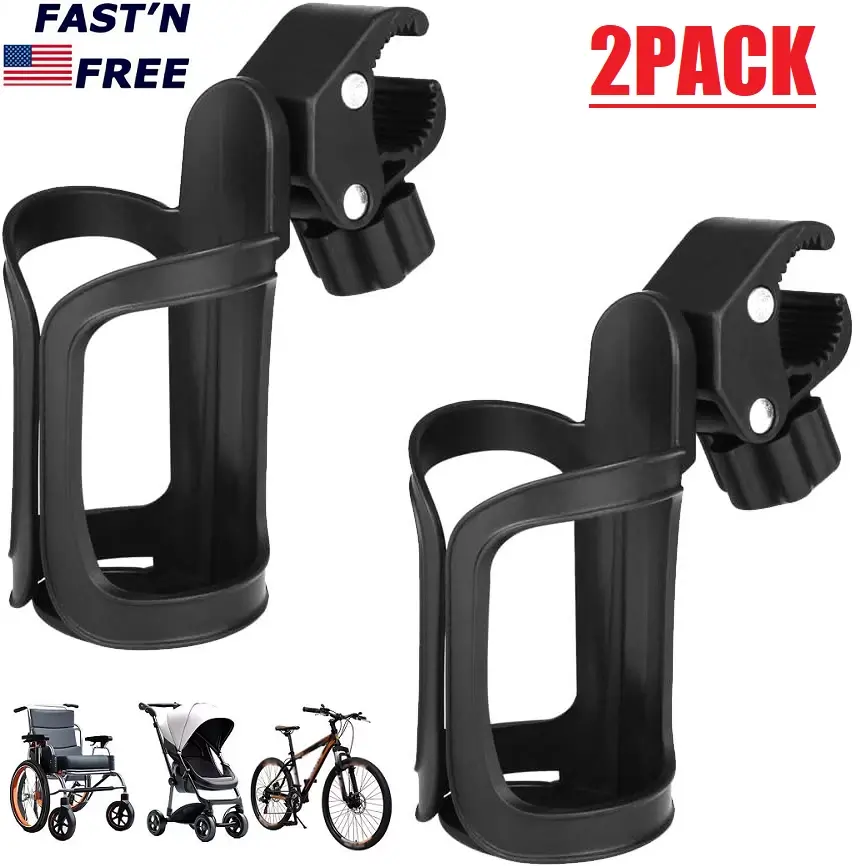 2Pack Bike Bicycle Cup Holder Universal for Wheelchair Walker Rollator Stroller 360° Rotating Plastic Bottle Holder Black
