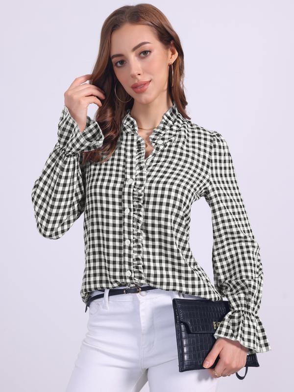 INSPIRE CHIC Women's Gingham Tops Ruffle V Neck Button Front Dressy Casual Long Sleeve Plaid Blouse Shirt Black