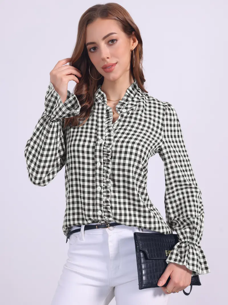 INSPIRE CHIC Women's Gingham Tops Ruffle V Neck Button Front Dressy Casual Long Sleeve Plaid Blouse Shirt Black