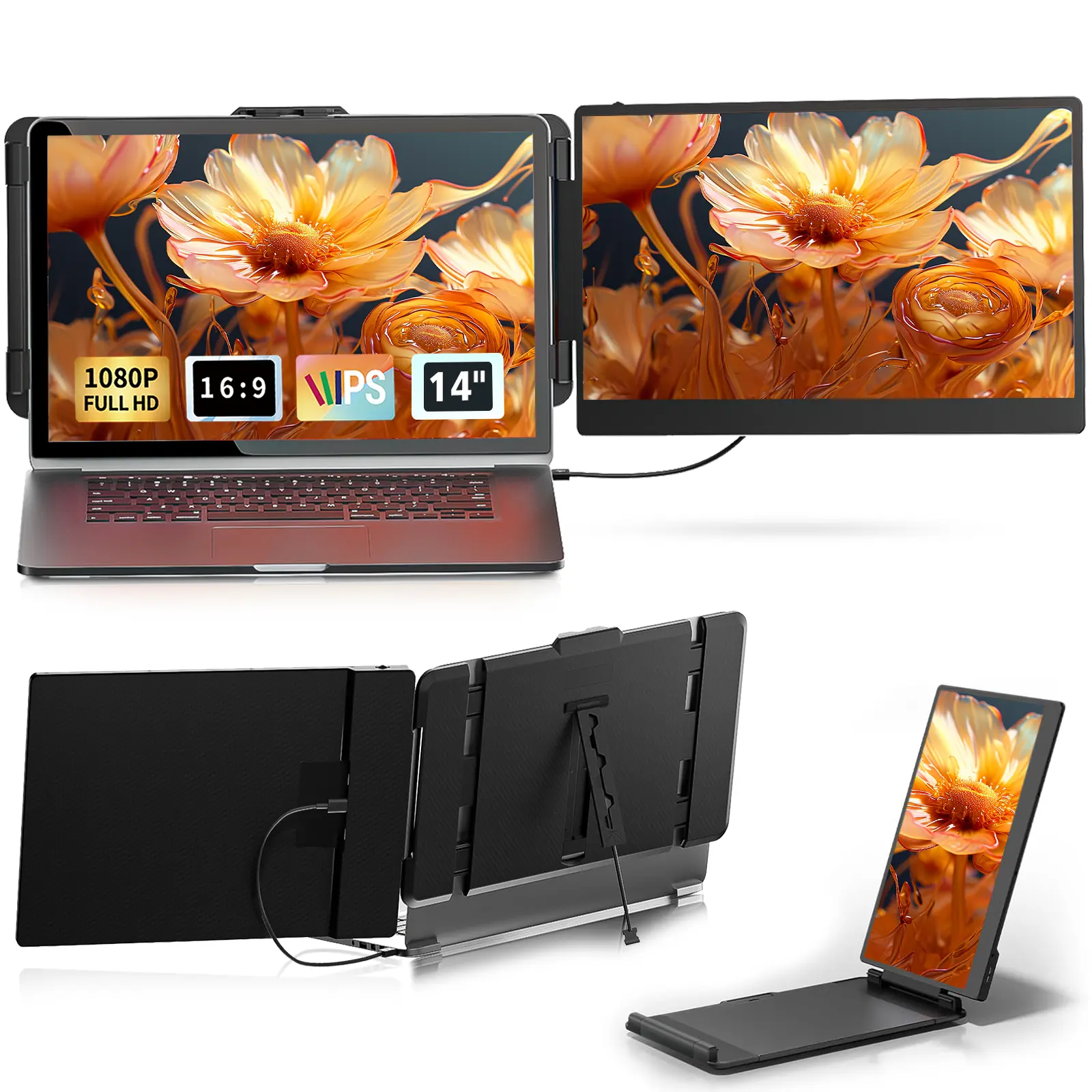 AOKER 14" Detachable Portable Computer Monitor - FHD IPS 1080P Dual Laptop Screen Extender for Work, Laptops, Tablets, Game Consoles, with USB-C & HDMI Ports, Compatible with Windows, Mac, Phones, PS5