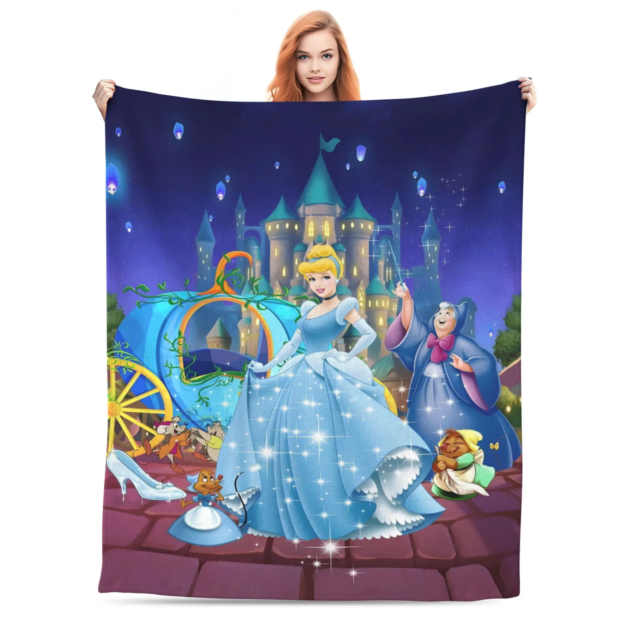 [SummerVibes] DISNEY CLASSIC Cinderella Throw Blanket – Fairy Godmother Casting Spell, Pumpkin Carriage & Glass Slipper Scene, Elegant Blue Gown and Castle Design, Soft， Home Decor