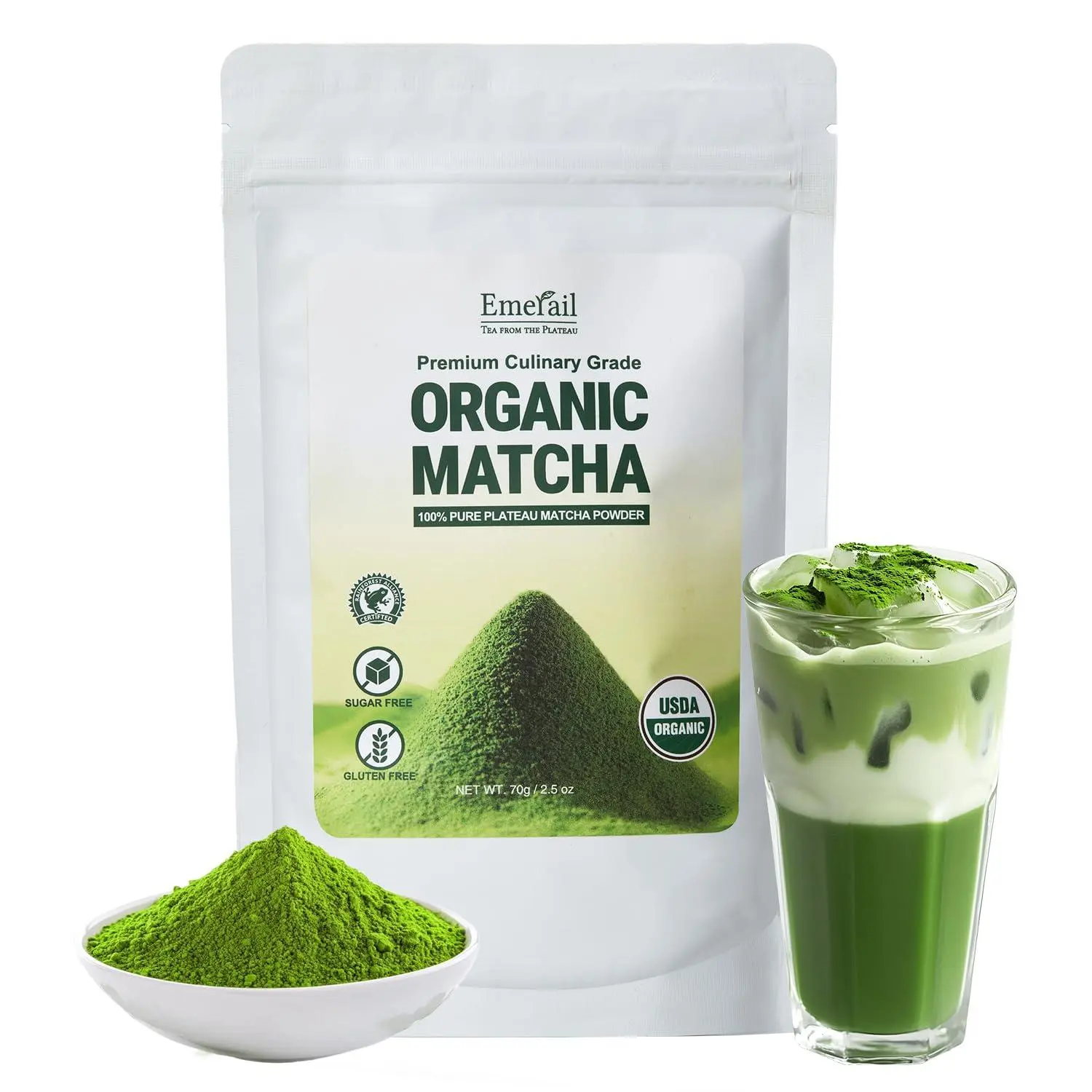 Emerail Certified Organic Matcha Powder - 100% First-Harvest Ceremonial Grade, Pure Premium Green Tea, Rich, Bold Matcha Stays Smooth, Rich in L-Theanine, No Bitterness, for Iced Lattes & Baking, 70g (2.5 oz) Health Tea with Endless Possibilities, 70G/2.5
