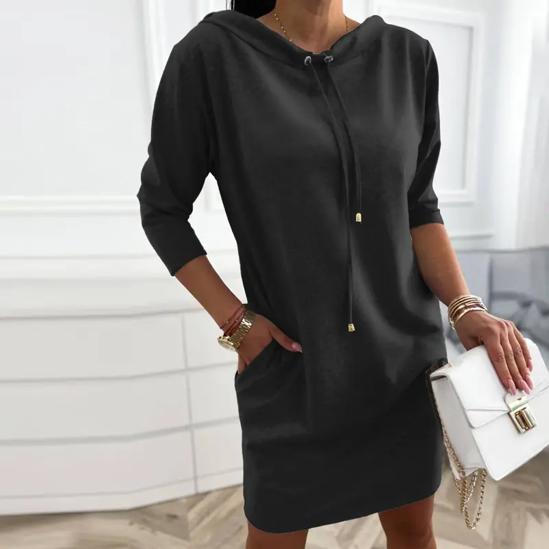 CHICME Women's Stand Collar Drawstring Three Quarters Sleeve Casual Sweatshirt Dress