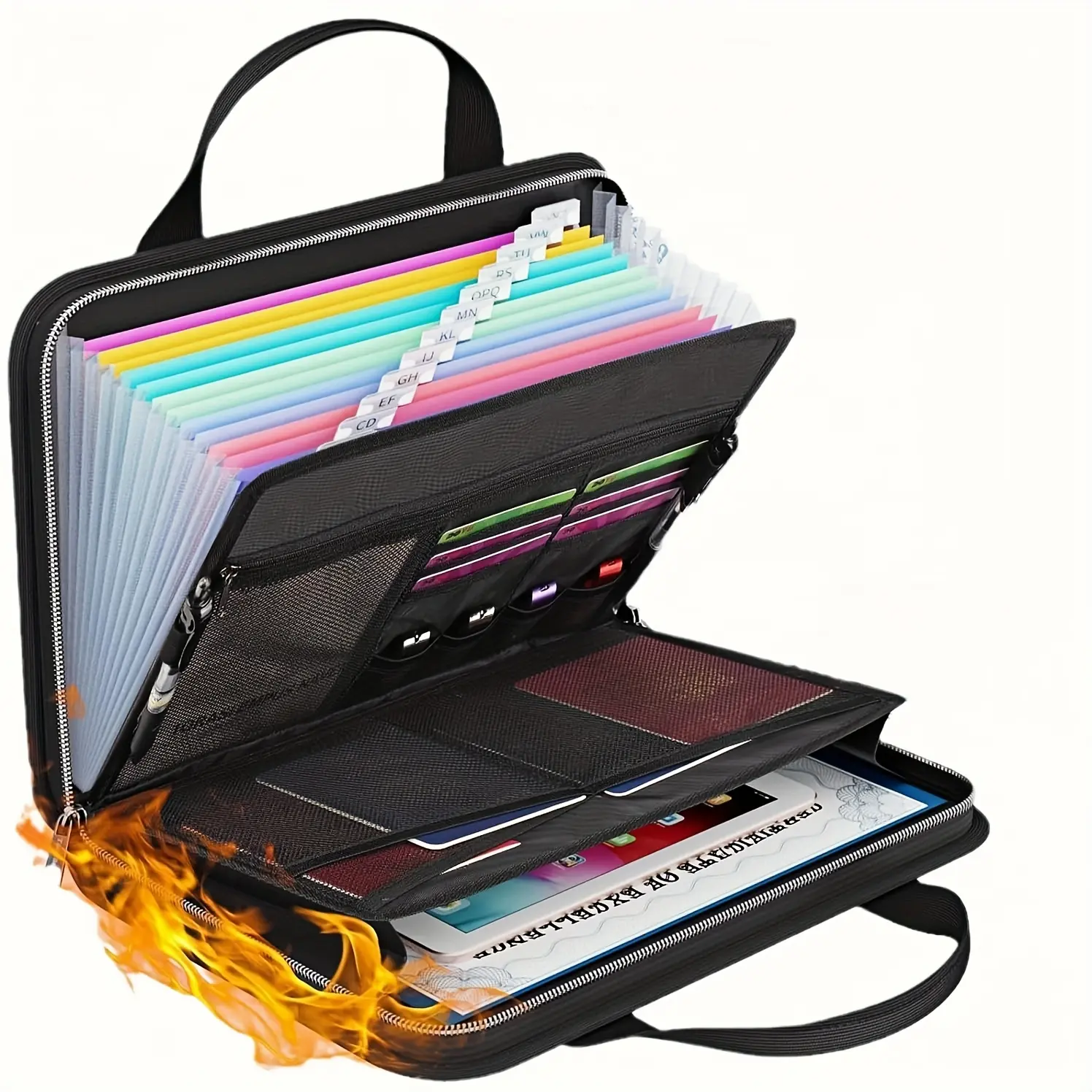 Fireproof Accordion File Organizer with Handle, 13 Pocket Transparent Expanding File Folder with Zipper & Labels, File Folder with Multi-Pockets Paper Organizer Folder for Letter A4 Files Office Supplies Office Accessories