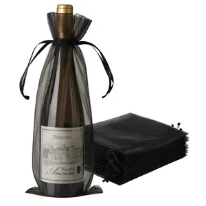 100 Pack Black Organza Wine Bags with Drawstring, 6" x 15" – Wedding Party Favor & Bottle Gift Bags
