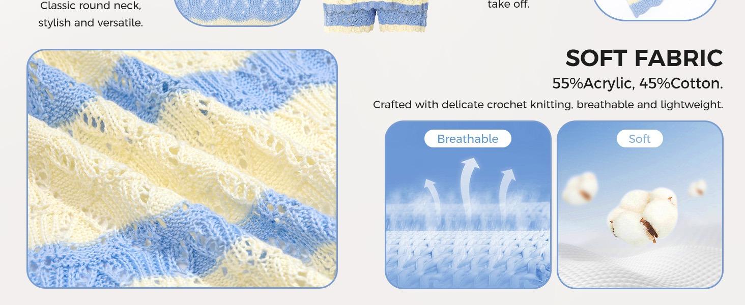 Fisoew Womens Striped Crochet Knit 2 Piece Set Sleeveless HollowOut Tank Top & Matching Shorts Breathable Beach Casual Outfit for Summer Vacation SpringStatements