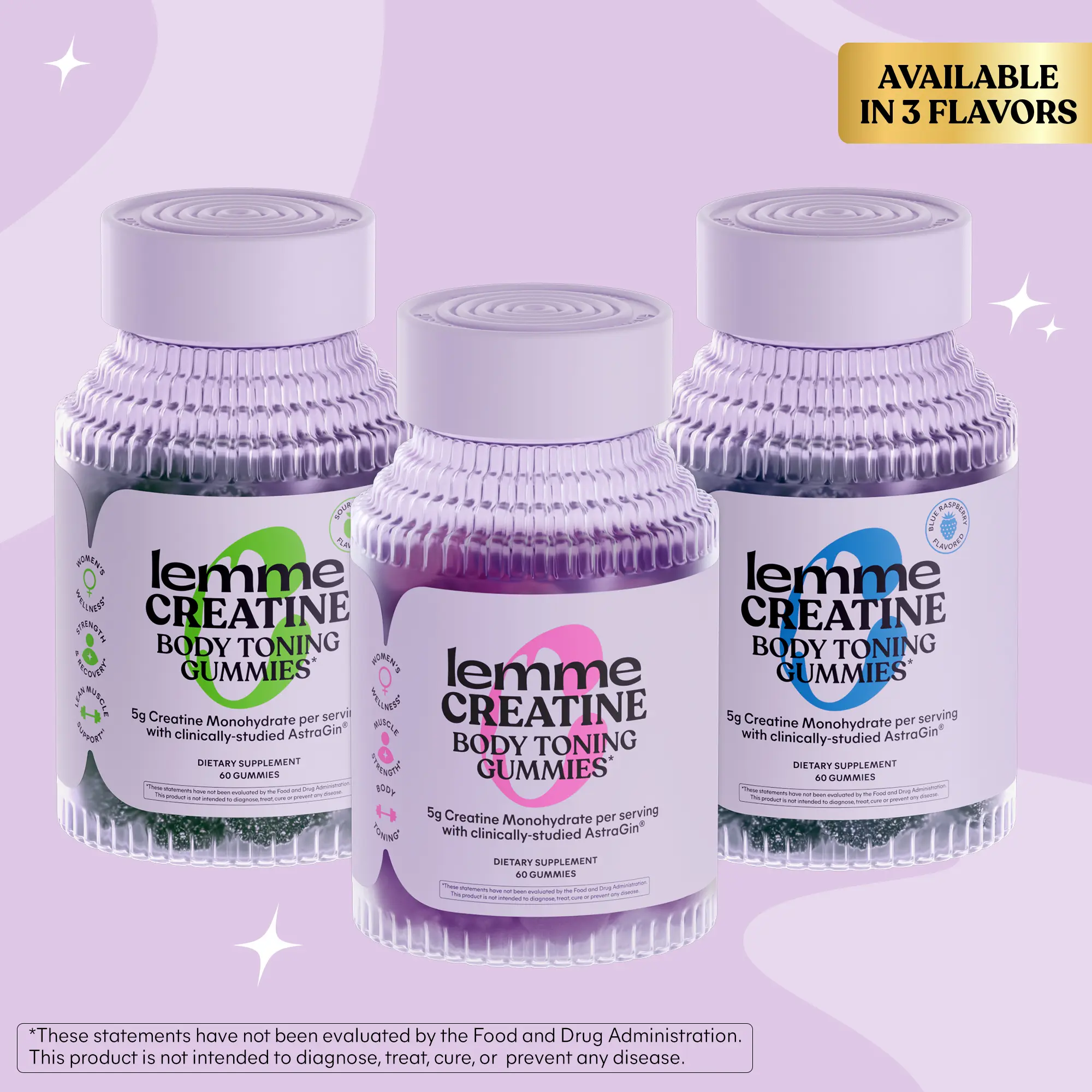 Creatine Variety Pack - Lemme Creatine Gummies in Sour Apple, Blue Raspberry & Sour Strawberry, Body Toning, Strength & Recovery Gummies with Creatine Monohydrate, 3-Pack