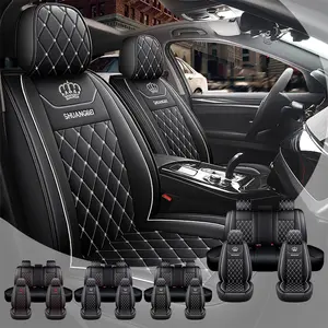 Premium PU Leather Car Seat Set - Black Diamond Pattern with Crown Embroidery for Luxury Vehicle Interior