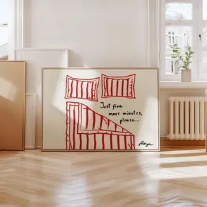 Just 5 more minutes print horizontal: Hand-Drawn Bedroom Wall Art, Funny Stay in Bed Poster