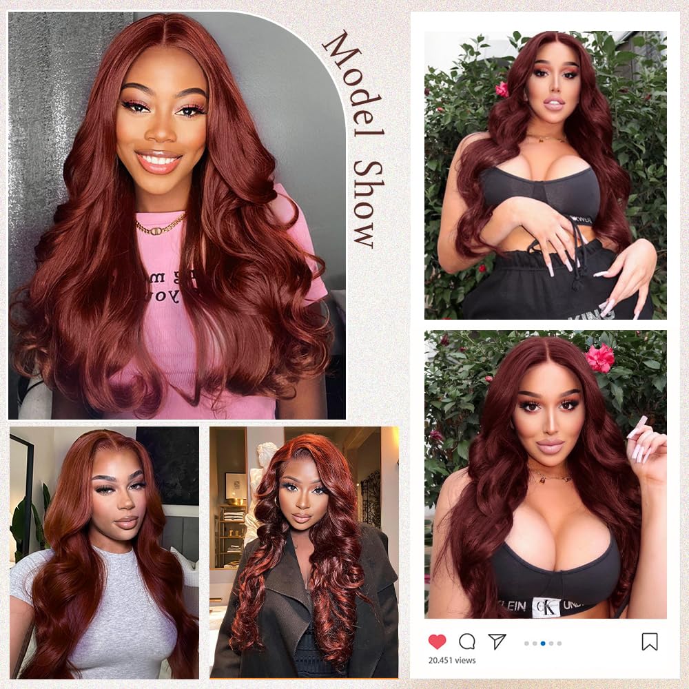 Dark Reddish Brown Wigs  Lace Front Wigs Human Hair 13X4 HD Lace Front Wigs Human Hair 200 Density Body Wave Frontal Wigs Human Hair with Baby Hair Glueless Wig Auburn Colored Wigs 33#