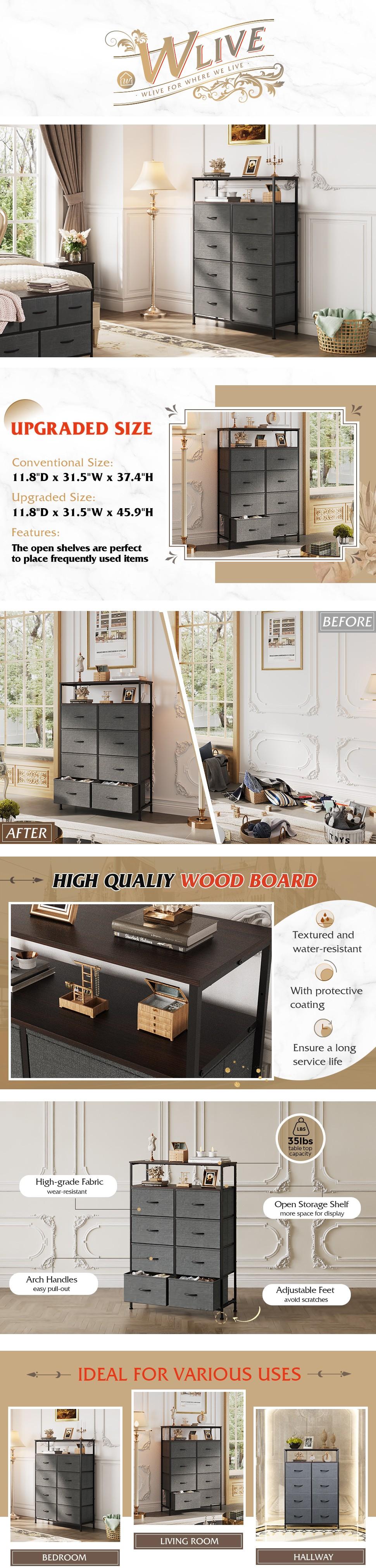 WLIVE Fabric Dresser for Bedroom with Open Shelves, Tall Dressers with 8 Drawers, Storage Tower with Fabric Bins, Chest of Drawers for Closet, Living Room, Hallway