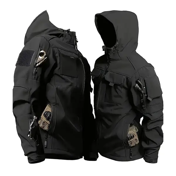 Men's Fitted Tactical Jacket, Hooded Military Softshell Windbreaker with Velcro for Patches, Multi-Pocket Outdoor Gear for Tactical Stuff, Waterproof, Coat, Polyester, Segmented Cut, Zipper, Outdoor Hiking Workwear, Windproof