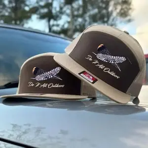 [BUY 1 GET 2] Turkey Feather Embroidered Old School Trucker Hats – 7 Panel Style in Bottomland Camo, Black, White, Brown – Unisex Fitted Cap