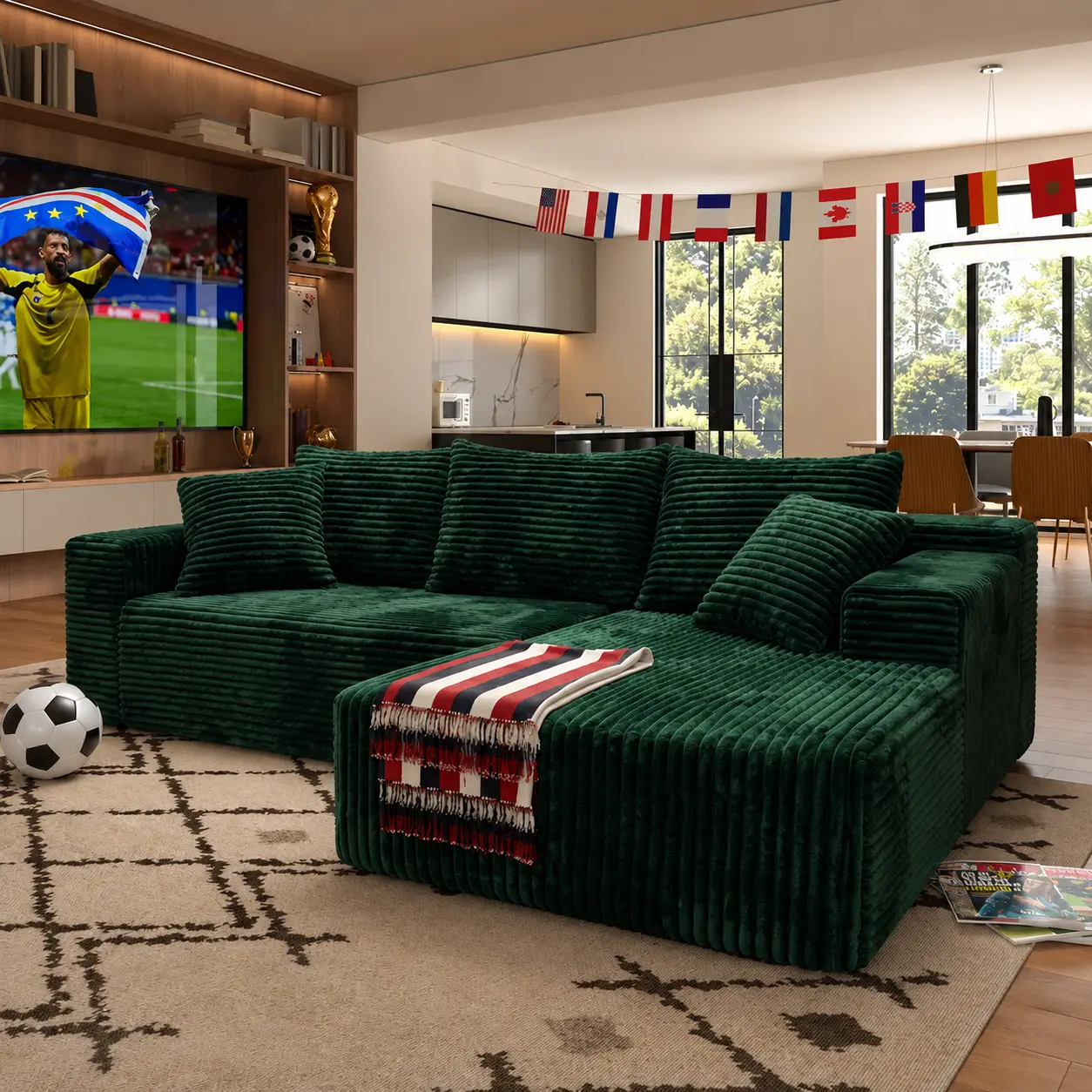 96" Green Minimalist L-Shaped Sectional Couch with Fixed Arms, Modern Chenille Boneless Cloud Sofa, No Assembly Required, Oversized Modular Deep Seat Striped Set, Flexible Configuration for Living Room Indoor Furniture