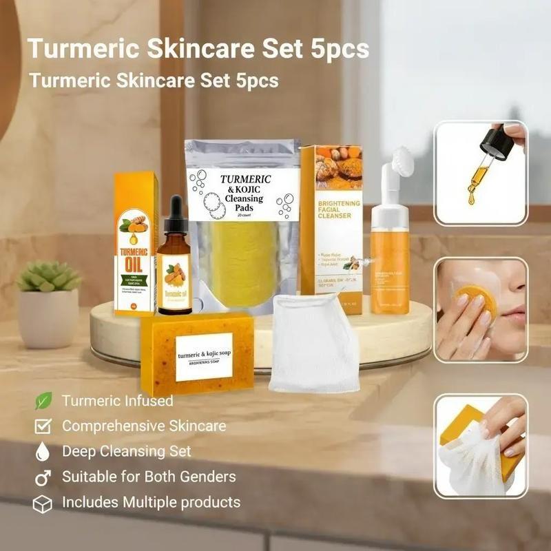 Turmeric Skin Care Kit, 5 Counts/set Facial Cleansing Pads & Soap & Oil & Cleansing Mousse & Facial Cleanser & Lathering Net, Skin Care Kit for Women & Men, Turmeric Face Wash