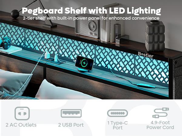 Bestier - Bed Frame with Headboard Foldable Shelves LED Lighting Charging Station Non-Slip Metal