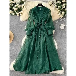 France Elegant Vintage High End Evening Dress Women Embroidery Sashes Luxury Long Party Dress Female Casual Fit Chic Clothing Formal Womenswear
