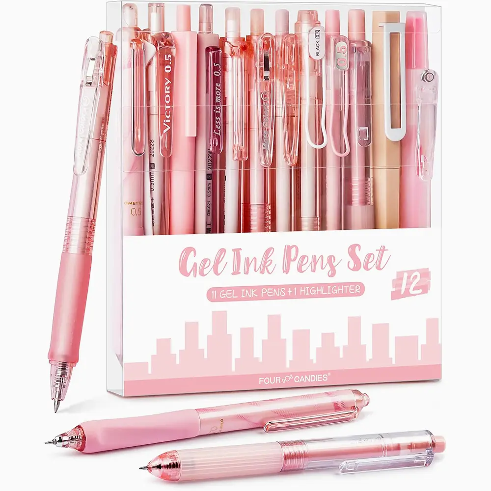 Four Candies 12PCS Pastel Gel Pen Set, Cute 0.5 mm Fine Point Writing Pens with 10 Black,1 Pink Ink,1 Highlighter, Quick Dry Aesthetic Girly Stationery Desk Accessories for Students, Notebook Writing,School & Office back to school supplies