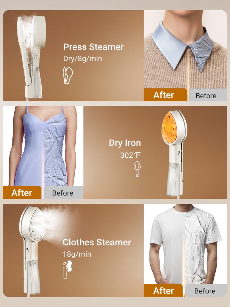 Jack ＆ Rose Travel Steamer Press Iron,110-220v Dual Voltage,6+1 Fabric Settings,No Ironing Board Required, Wrinkle Reduction,Portable Travel Size Steamer,for Global ＆ Europe Traveling