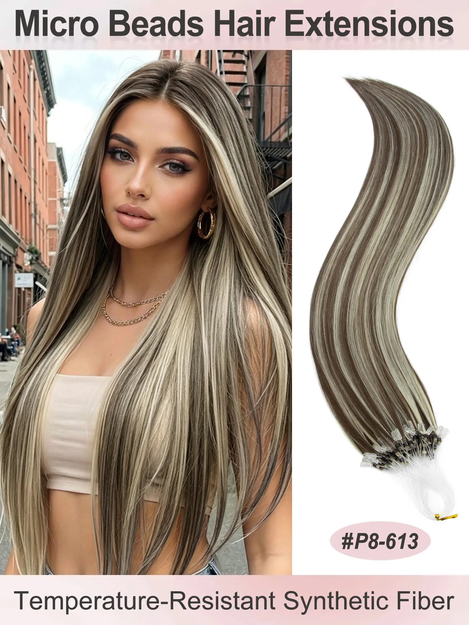 50 Strands Micro Beads Hair Extensions, 20-Inch Natural Straight Hair, Add Volume & Length, Synthetic Hair for Women, Synthetic Fiber Extensions, 12 Colors Available, Microbead Hair Extensions