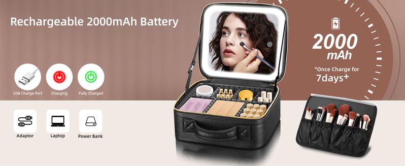 Travel Makeup Bag With LED Mirror, Cosmetic Train Case with Light up Mirror, Portable Makeup Artist Organizer Bag with Adjustable Dividers