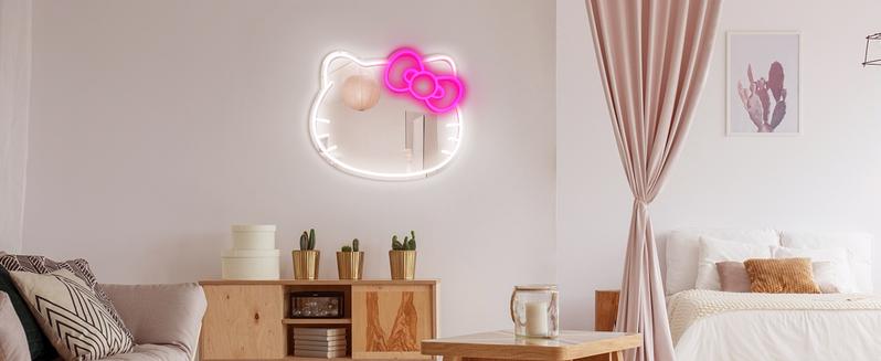 【FaddishDeal】Kitty face Home Decorative mirror ,Anime Neon Sign for Dresser, Locker Room,Living Room, Neon，Light up Acrylic Mirror with Dimmable Interior Led Pastel，