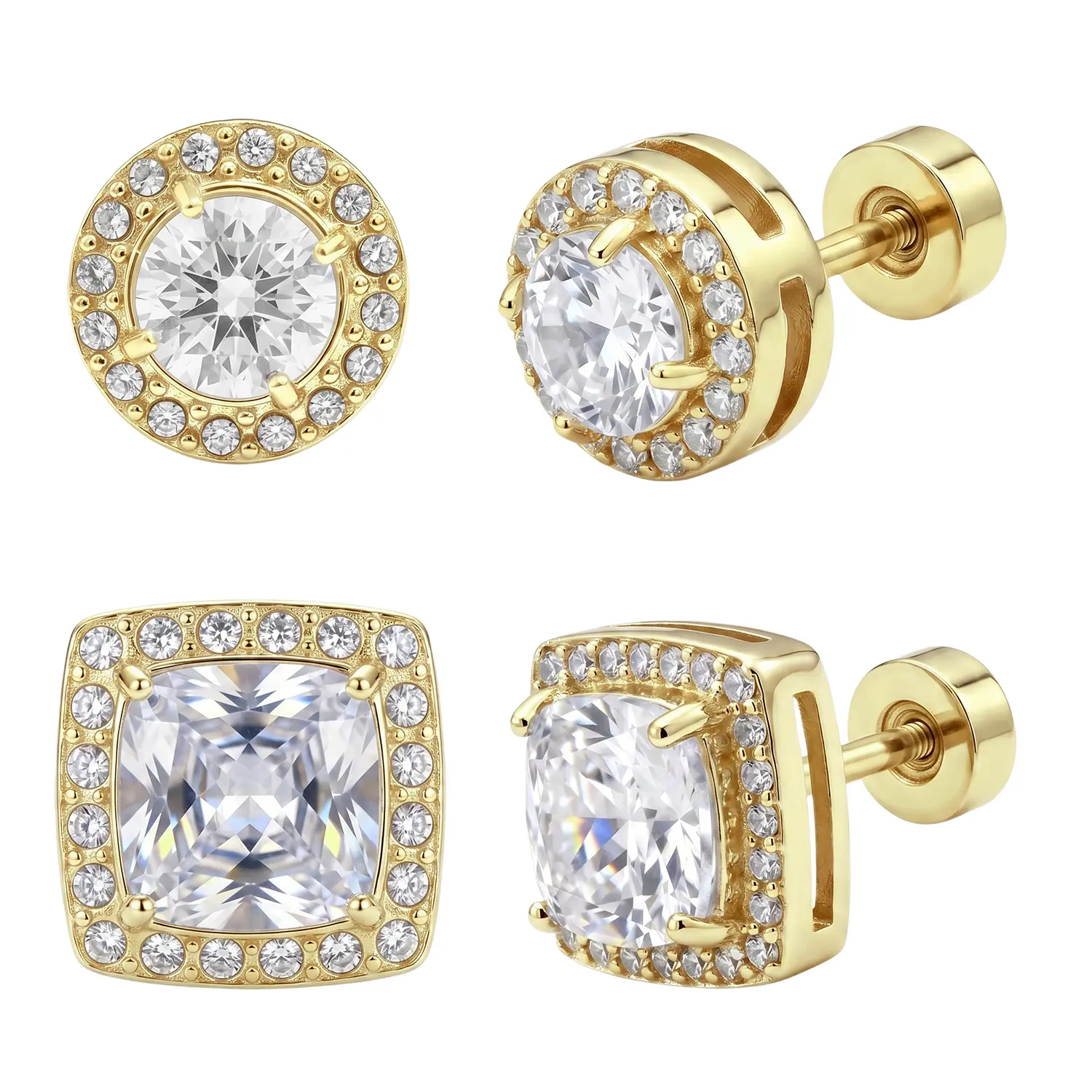 4-Pair 14K Gold Plated Stud Earrings Set – Round & Square Cubic Zirconia Earrings for Women and Men, Hypoallergenic Classic Fashion Jewelry for Pierced Ears