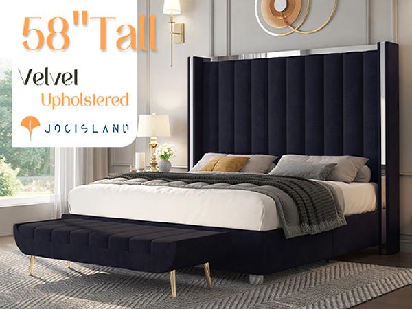 Amerlife Bed Frame 58" Tall Headboard with Channel Tufted Wingback Design, Velvet Upholstered Platform, No Box Spring Needed Luxury Furniture Home,Best Gift Ideas/Christmas Gifts