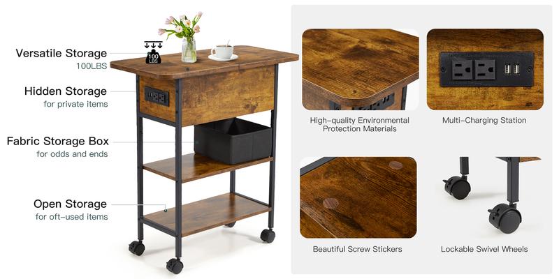 EROMMY Multi-Functional Flip Side Table w/USB Charging Station, 360° Swivel Wheels & Storage Shelf | Space-Saving Slim Design for Living Room/Bedroom | Rustic Brown Wood End Table