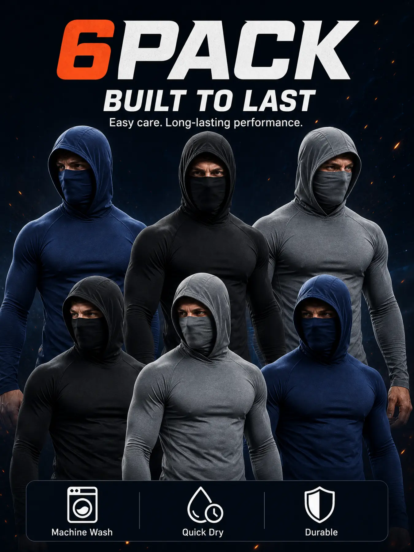 Men 6 Pack Athletic Hooded Compression Tops Integrated Face Mask, Fast Drying Stretchy Workout Shirts, Durable Machine Wash Base Layers for Daily Outdoor Activities