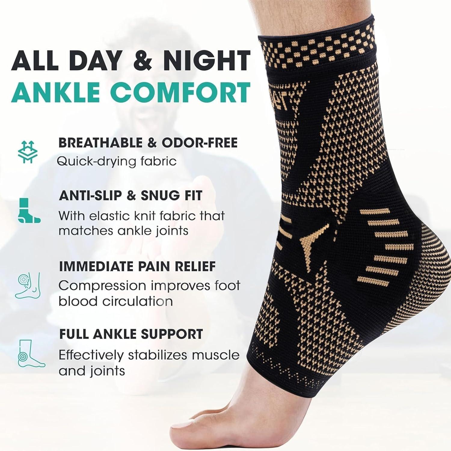 2PCS Copper Ankle Brace Compression Sleeve – Support for Achilles Tendonitis, Plantar Fasciitis, Swollen Feet, Sprained Ankle Recovery – Athletic Sports Wrap for Running, Basketball, Workout – Men & Women (Pair)