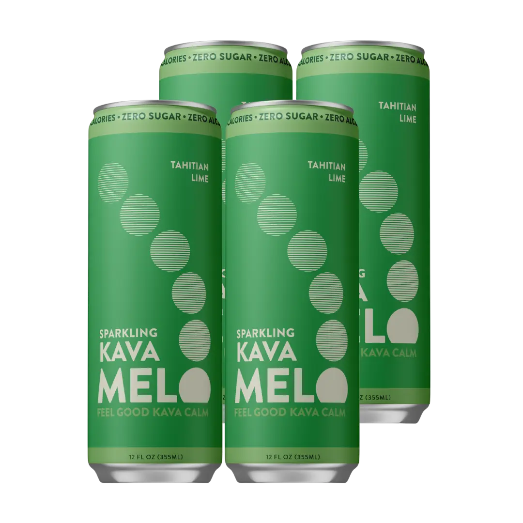 Melo 4pk Sparkling Kava Drink, Tahitian Lime, Sugar Free Non Alcoholic Drinks with Zero Calories, Gluten Free, Vegan, 100% Natural Mocktail with 750mg Kava Root per Drink, 12 oz Cans