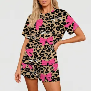 Women's Leopard Print Pajama Set with Pink Bows - Sexy & Cute Short Sleeve Top and Shorts Lounge Sleepwear, Soft Two-Piece Nightwear PJ Set for Ladies