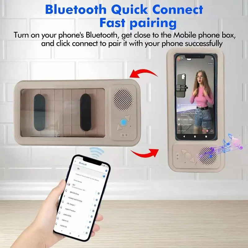 Bathroom shower waterproof phone holder Bluetooth speaker 360°Rotation touch screen mobile phone box watch movie listening to music