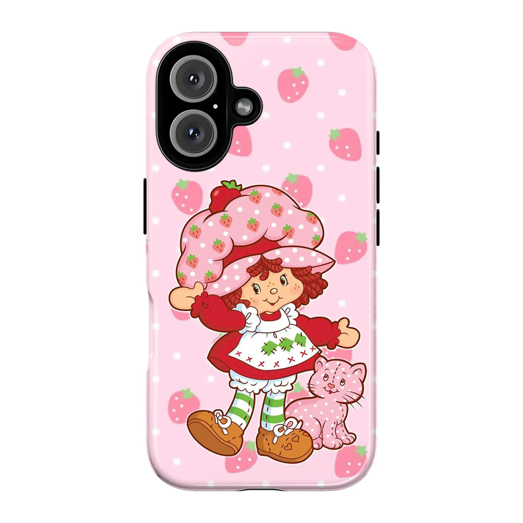 Strawberry Shortcake Cute Cartoon Phone Case – Vintage Aesthetic Retro Berry Girl, Kawaii Pink Polka Dot Strawberry Pattern, Sweet Gift for Her, Trendy Y2K Style Cover for iPhone 17 Pro Max 16 15 14 Plus & Samsung Galaxy S25 S24 S23 S22 S21 Ultra