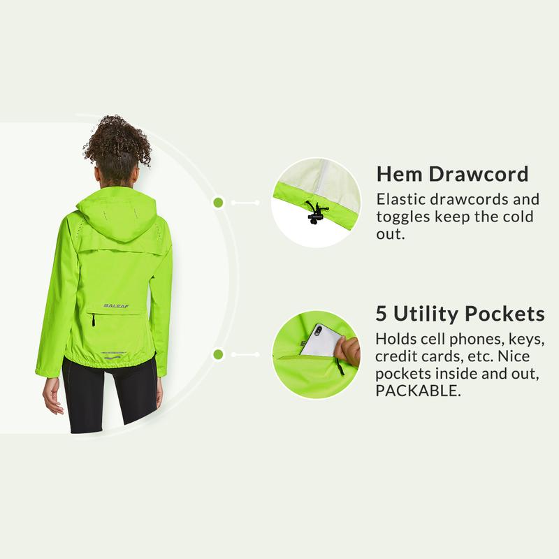 baleaf Women's Rain Jackets Waterproof Windbreaker Windproof Lightweight Cycling Jackets Reflective Packable Hooded Sporty Breathable Outerwear Athletic Techwear
