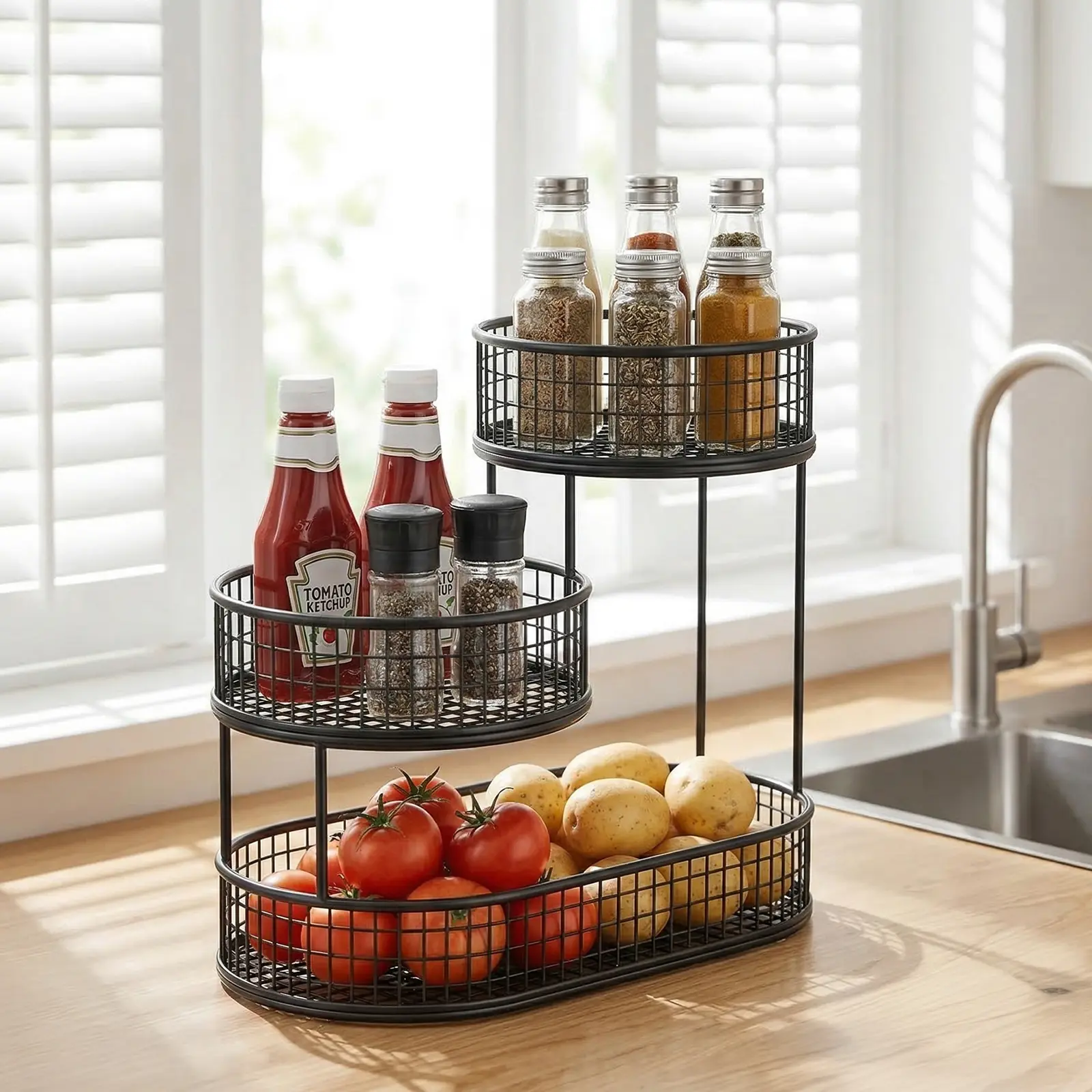 Black 3-Tier Metal Fruit Basket, Space-Saving Portable Countertop Organizer, Multi-Purpose Storage Holder for Fruits, Vegetables, Bread and Snacks
