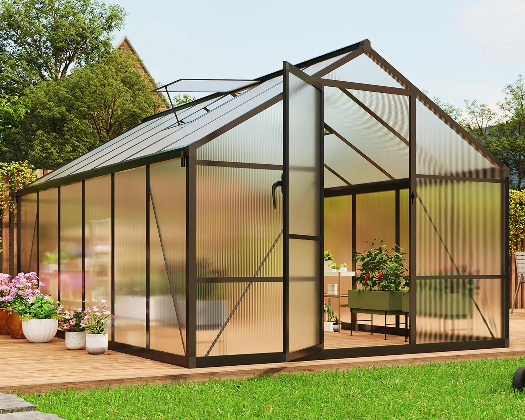 GAOMON 8x12 ft 720 g/m² Polycarbonate Outdoor Greenhouse, Aluminium Frame Garden Unit with Lockable Door, Adjustable Roof Vent, Assembly Required, Better Stability & Exceptional Customer Service for Backyard Growing