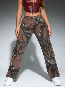 Wide Leg Graphic Denim Jeans Womenswear High-waisted Cargo Pants All Seasons Stretchy Fabric Tummy Control Camo Print Straight Leg Trouser