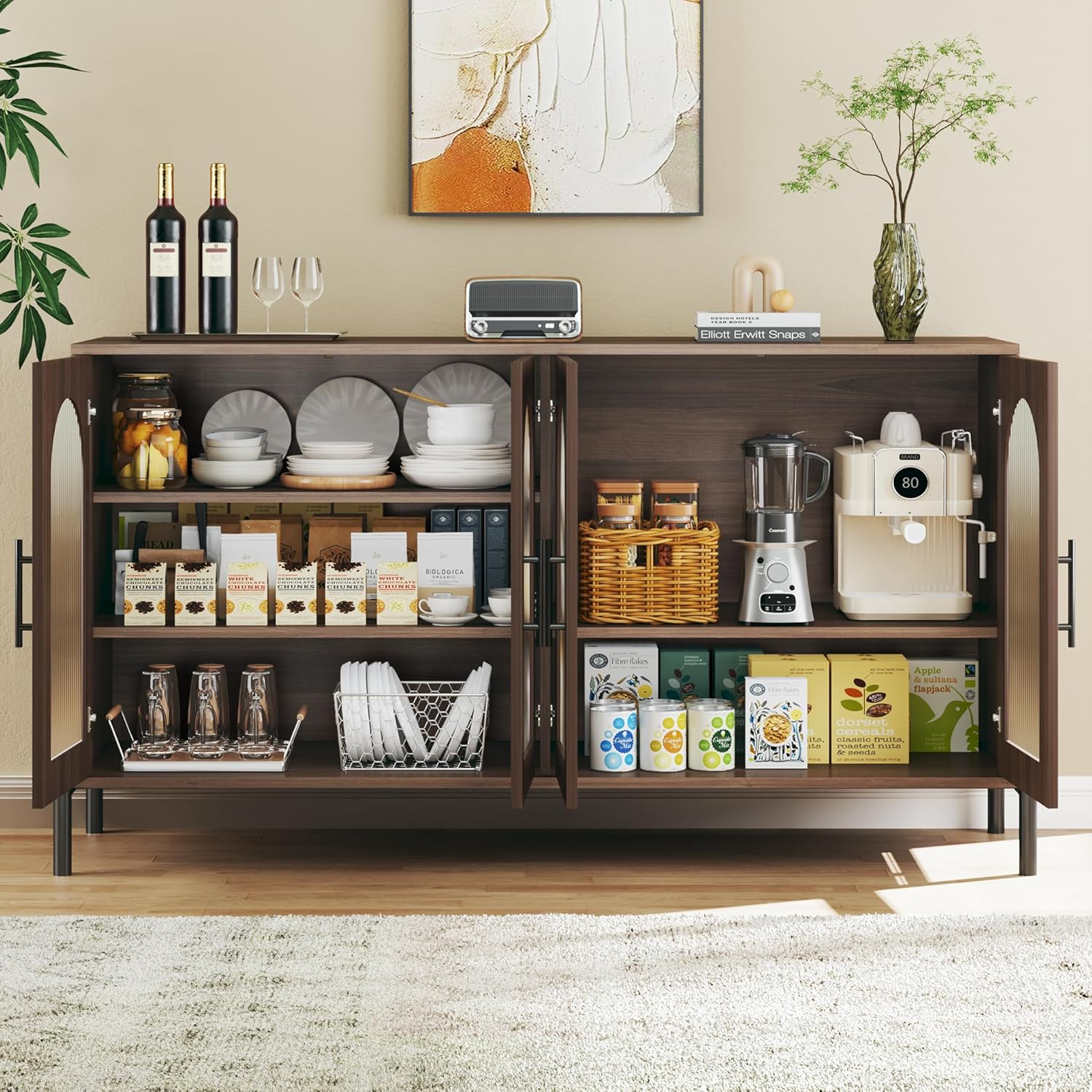 Sideboard Buffet Cabinet with Storage, 55" Modern Sideboard Cabinet with 4 Fluted Glass Doors & Adjustable Shelves, Wood Buffet Console Table for Living Room, Kitchen, Dark Walnut