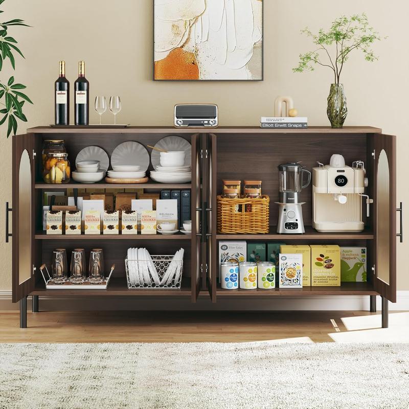 Sideboard Buffet Cabinet with Storage, 55" Modern Sideboard Cabinet with 4 Fluted Glass Doors & Adjustable Shelves, Wood Buffet Console Table for Living Room, Kitchen, Dark Walnut