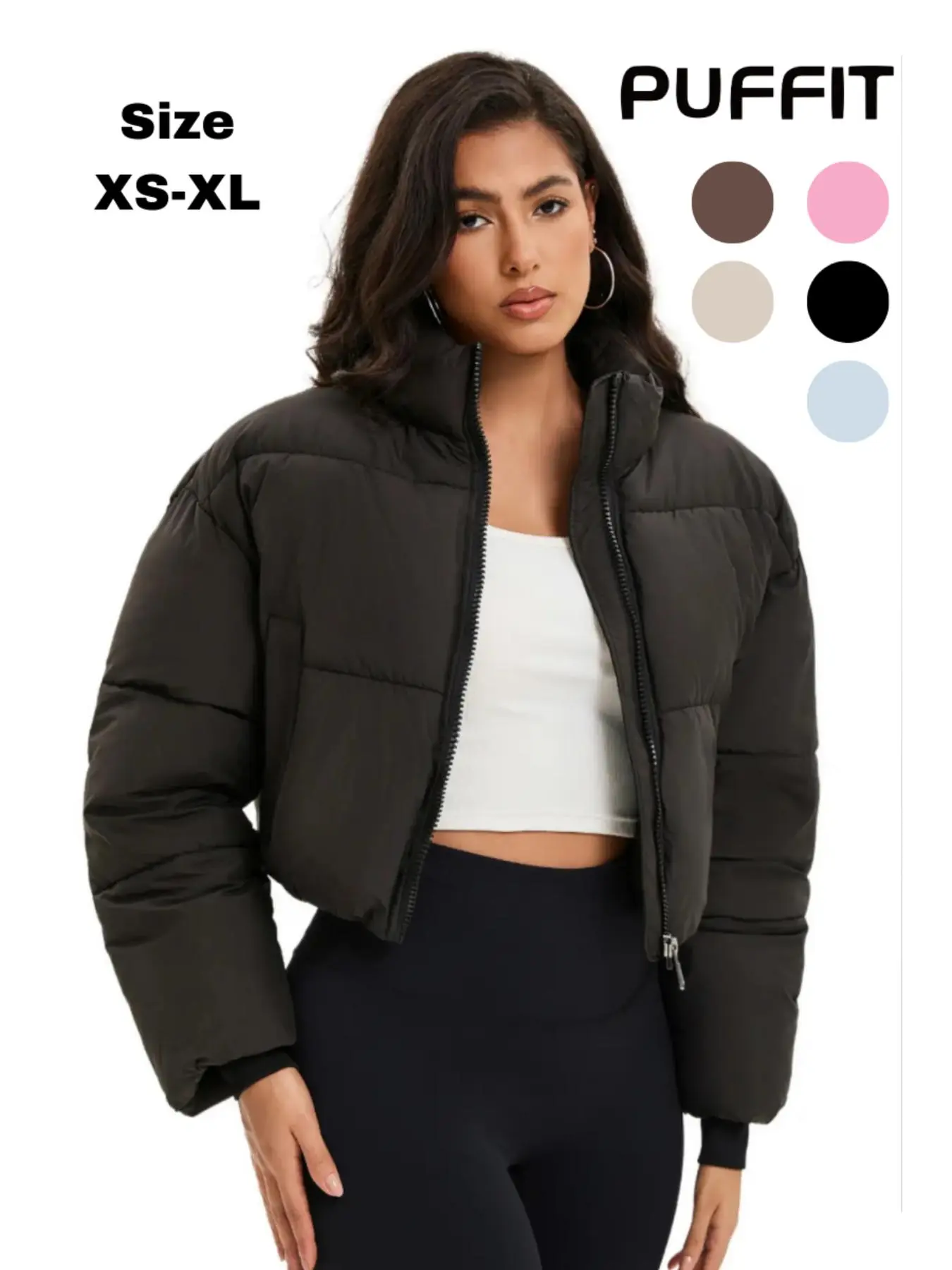 PUFFIT Stand-up Collar Cropped Puffer Jacket Woven Women Coats Splashproof
