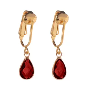 Gold Teardrop Birthstone Clip On Dangling Earrings